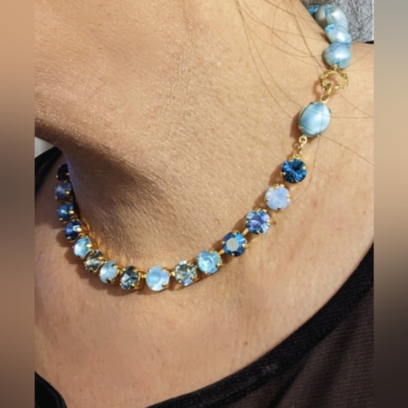 Baby Blue Aquamarine Crystal & Light Blue Pearls in Stunning GP Necklace - Picture 8 of 8